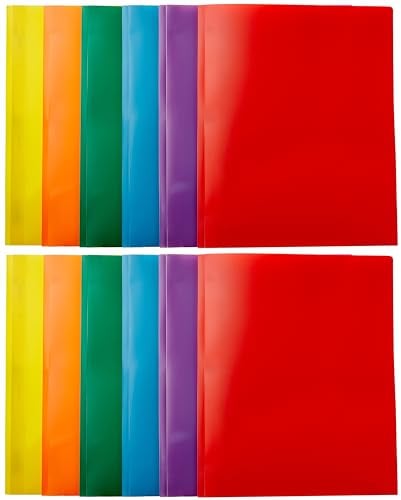 Amazon Basics Heavy Duty Plastic Folders with 2 Pockets for Documents, Letter Size Paper, School Supplies Organization, Assorted Colors, Pack of 12