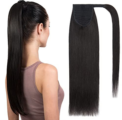 TESS Pferdeschwanz Haarteil Echthaar 50 cm 95g Lang Glatt Gewickelt Ponytail Extension Echthaar Wrap around für Frauen (50 cm-#1B naturschwarz)