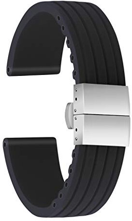 ULLCHRO Unisex Kautschuk Armband mit Edelstahl Silber Faltschließe 18mm Schwarz
