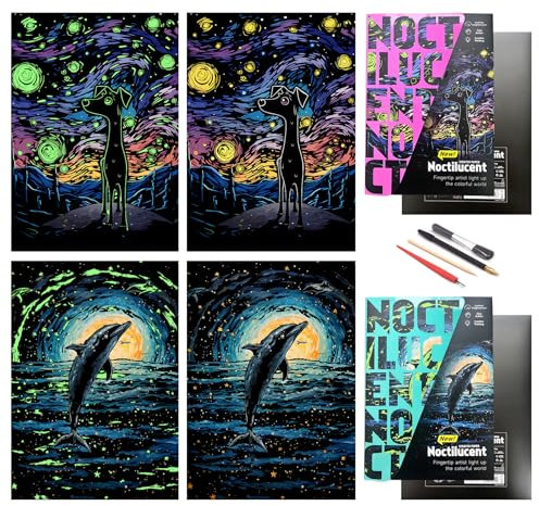 SiYear Scratch Paper Regenbogen Gemälde Skizze, City Series Night Scene, Scratch Painting kreative Geschenk, Scratchboard für Erwachsene und Kinder, mit 4 Tools (Hunde + Delfine)