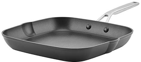 KitchenAid Poêle grill carrée 80126 en aluminium anodisé dur anti-adhésif pour induction avec bec verseur, noir mat