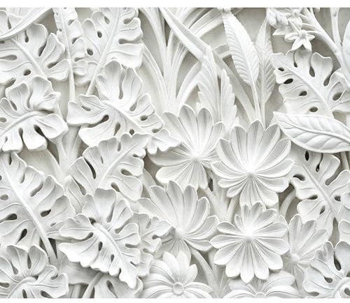 decomonkey - Papier Peint Panoramique Feuilles 3d 400x280 cm - Décoration murale – Tapisserie décorative pour chambre salon - Fleurs en pierre motif blanc feuilles fond de texture romantique
