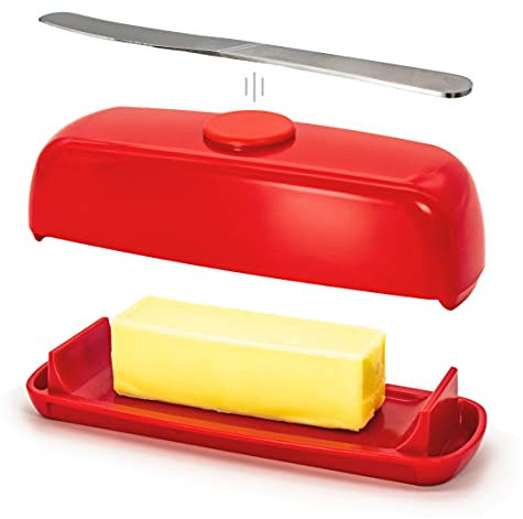Butter Hub Butter Dish with Lid and Knife, Magnetic Butter Keeper, Easy Scoop, No Mess Lid, Plastic, Dishwasher Safe (Red)