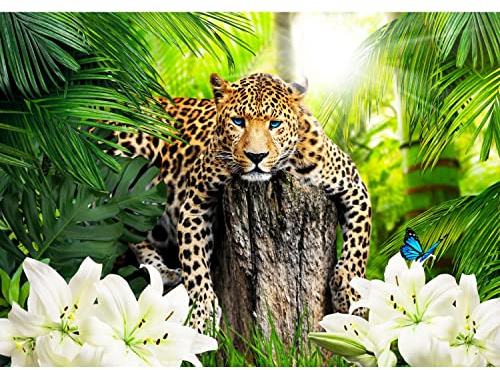 Runa Art Fototapete Leopard Afrika 352 x 250 cm Vlies Tapeten XXL Moderne Wandtapete Wohnzimmer Schlafzimmer Grün Weiß 9238011a