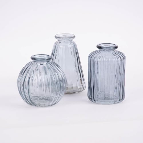 Sass & Belle Vasen klein 3er Set Glas gerillt grau verschiedene Formen