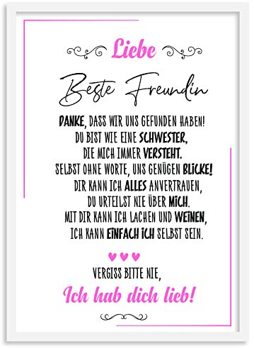 Urhome Kunstdruck Beste Freundin mit Bilderrahmen Weiß in DIN A4 - Ich hab dich lieb Wandbild Poster Wanddeko mit Spruch für Wohnung Familie Freunde Geschenk Geburtstag