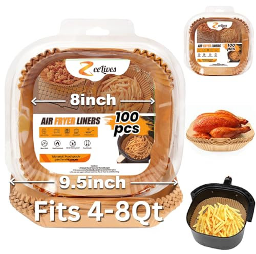Large Air Fryer Liners Disposable (Fits 4-8 QT) – 100 Pcs Square Air Fryer Liners Compatible with Gourmia, Chefman, Cosori & Instant Vortex Air Fryers