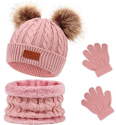 Waylipun 3 in 1 Kinder Wintermütze Schal Handschuhe Set, Strickmütze Babymütze Kinder Mütze Set, Warme Winter Beanie Hut Handschuhe Schal Set für Kinder Jungen Mädchen, 1-5 Jahre (Dunkel Rosa)