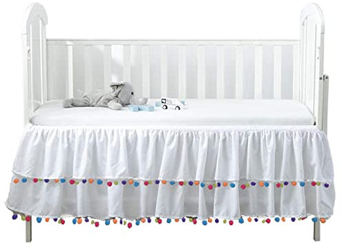 Rüschen Bettrock Für Babys Kinderzimmer-Bettwäsche Spitze Kinderbett Rock 4 Seiten Elastischer Babybett Staubschutz Krippenbett Dekoration Anzug (White A-2,52x28 Crib)