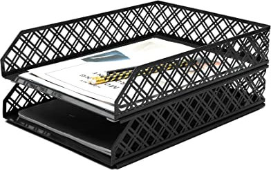 Exerz Letter Trays 2pcs Stackable Paper Sorter/Desk Organiser/File Tray for Desk - Wire Mesh Metal File Rack - Black