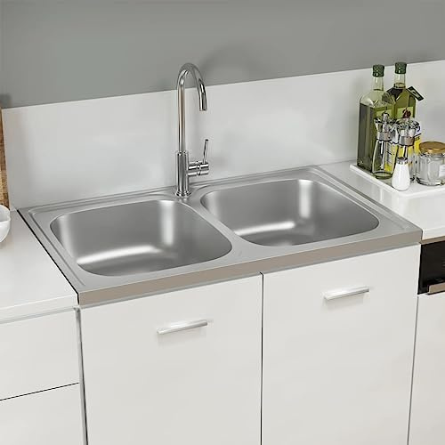 Hardware - Fregadero de cocina con lavabo doble, 800 x 500 x 155 mm, acero inoxidable