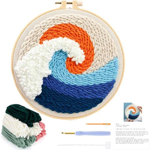 JSRQT Stanznadel Stickerei Starter Kit für Anfänger,Punch Needle Embroidery Starter Kit, DIY Stanznadel Kit mit Stickrahmen,Punch Needle Stoff,Fäden,Einfädelhilfe(Meereswelle)