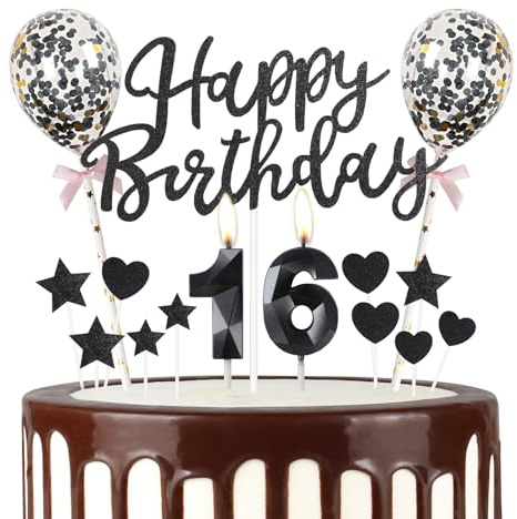 Schwarz 16th Geburtstag Kerze, Schwarz Alles Gute zum Geburtstag Kuchen Topper, Schwarz Ballons, Schwarz Zahl 16 Kerzen für Kuchen,Schwarz Kerzen Kuchen für Mädchen Jungen Frauen Geburtstag Party