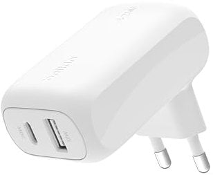 Belkin BoostCharge Cargador de Pared con Dos Puertos de 42 W, USB-C y USB-A, Carga rápida, para la Serie iPhone 16, 15, Samsung Galaxy S24, S23, Note, Google Pixel, iPad, MacBook y AirPods, Blanco