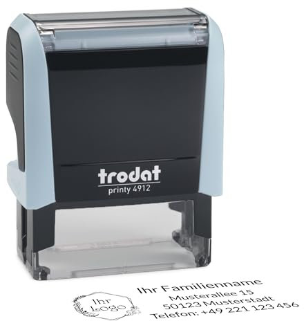 Trodat Personalisierter Stempel mit Logo und Text – Selbstfärbender Printy Pastell 4912 Blau inklusive Grafik und Wunschtext, Abdruck 47 x 18 mm