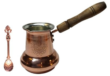 Leo Design Turkish Coffee Pot 5 Sizes, Coffee Maker Greek Arabic Coffee Stovetop Thick 3mm Solid Hammered Handmade Engraved Copper Cezve Ibrik Briki with Wooden/Brass Handle (Wooden Handle, 250 ml)