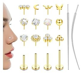 JeweBella Nasenstecker Chirurgenstahl für Damen 14K Vergoldet Labret Piercing Einstecken Flatback Ohrringe Set CZ Lippenpiercing Nostril Tragus Helix Piercing Ohr Schmuck 20G 18G 16G