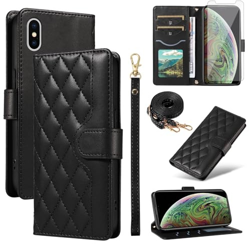 Asuwish Phone Case for iPhone Xs Max Wallet Cover with Screen Protector and Wrist Strap Lanyard Card Holder Slot Stand Cell Flip i X XR Xsmax 10x SX Xmax 10xs 10s 10 Plus Cs Xmaxs Women Men Black