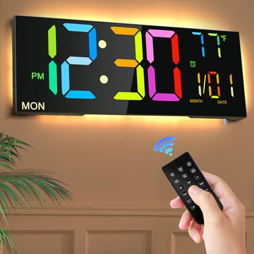 Senprity Reloj de Pared Digital de 13'' con RC Gran Pantalla Digital y Luz Nocturna con 9 Colores RGB Reloj Despertador Dual Auto Dimming 12/24H Reloj de Pared para Dormitorio Oficin
