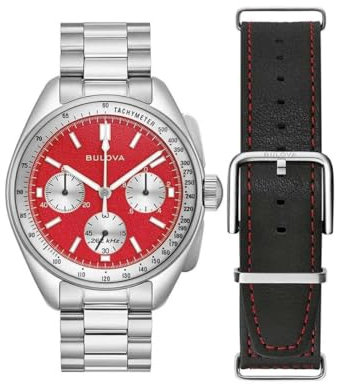 Bulova Pilot Mondquarzuhr 43,5 mm mit Chronograph, Kalender, Edelstahlarmband und zusätzlichem Wechselarmband aus schwarzem Leder, rot, Armband
