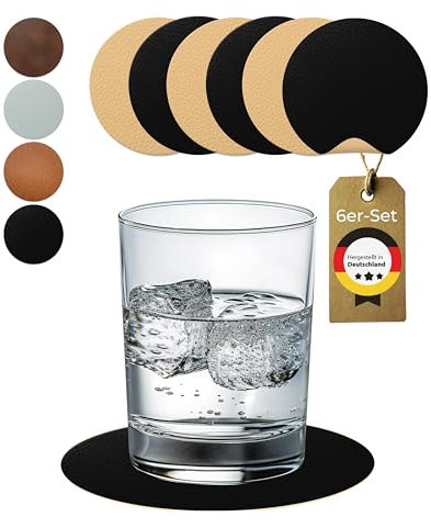 Lederfabrik Garnier® Untersetzer Gläser rund 6er-Set – rutschfest & Abwaschbar – Perfekter Tischschutz – Glasuntersetzer PVC-Kunstleder Schwarz/Beige – Made in DE