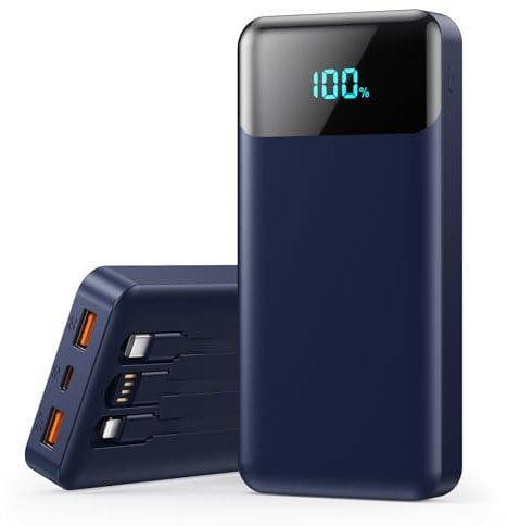 Batterie Externe 26800mAh avec 3 Câbles, PD 25W QC4.0 Power Bank Charge Rapide USB C Chargeur Portable avec 5 Sorties, Affichage LCD Batterie Portable pour iPhone 16 15 14 Pro Max Samsung Huawei-Bleu