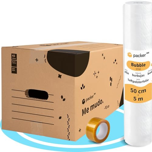 packer PRO Pack 20 Cajas Carton para Mudanzas y Almacenaje Ultra Resistentes con Asas, 50x30x30cm. Rollo Burbuja Embalaje de 50cm Ancho y 5m. Incluye Cinta adhesiva