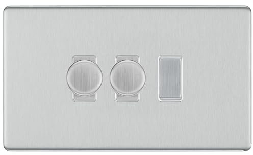 BG Brushed Steel Screwless 3 Gang Switch 2x Trailing Edge LED Dimmer 1x 2 Way