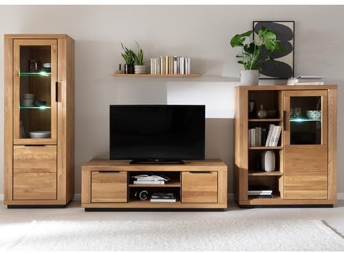 Wohnwand Wohnmöbel Set Eiche teilmassiv 4-teilig, 1 Vitrine, 1 Wandboard, 1 Lowboard, 1 Highboard inkl. Beleuchtung