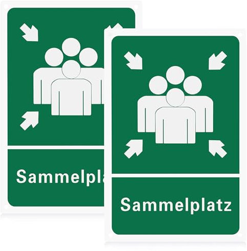 JIZZU Sammelplatz Schild, 2 Stück 30 x 20 cm Sammelplatz Schild Außenbereich, Alu Nachleuchtend Wasserdicht UV-Schutz Fluchtwegschild