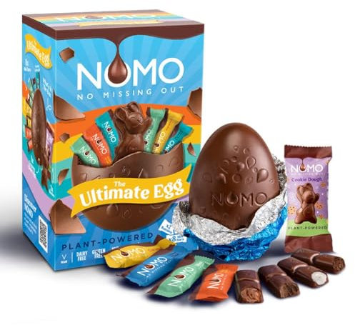 NOMO XL-Osterei + 8 Mini-Schokoriegel + 1 Osterhase Cookie Dough - 223 g - Orange, Mint, Karamell - LAKTOSEFREI, GLUTENFREI, EIFREI, NUSSFREI - für Allergiker - zertifizierter Kakao - vegane Ostern