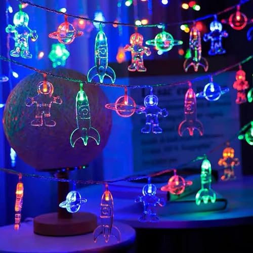 KINGCOO 3M 20LED Astronaut Raumschiff Lichterkette Kinderzimmer LED Rakete Anhänger Lichterkette Batteriebetriebene für Schlafzimmer Wand Weihnachten Hochzeit Beleuchtungdekoration (Mehrfarbig-1)