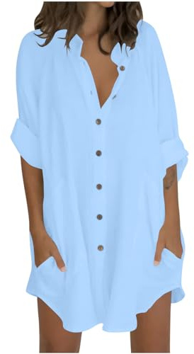 Camisa Mujer Lino Algodón Manga Larga Camiseta Largo Blusa Ligero Verano Moda Casual Color Sólido Cómodo Suelto Cuello en V Botones Bolsillos Tops Elegante Basic tee Transpirable T-Shirt