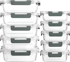 Visario Glas Frischhaltedosen Set 10 Stück (20 Teile) – 5x 1040ml & 5x 370ml, Luftdichte Bento Boxen, BPA-frei, mikrowellen- & spülmaschinengeeignet, Meal Prep Aufbewahrungsboxen