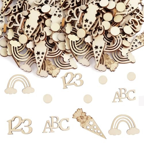 90 Stück Streudeko Einschulung,Holz Konfetti Schulanfang Deko Schulkind Tischdeko Zuckertüte ABC Regenbogen 123 Punkte Schulkind 2025 Junge Mädchen Schuleinführung Tischdekoration