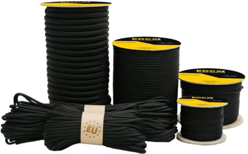 EdcX Paracord 1,2mm - 8mm, Black Color (10m, 20m, 30m, 50m, 100m) | Ideal for Crafting, DIY, Camping, Survival, Outdoor | 100% Nylon Rope