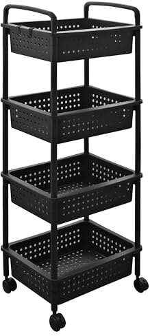 ABBAware 4 Basket Trolley Cart, Rolling Storage Multi-Functional Cart with Solid Steel Reinforced Castors, Home Organizing, Black