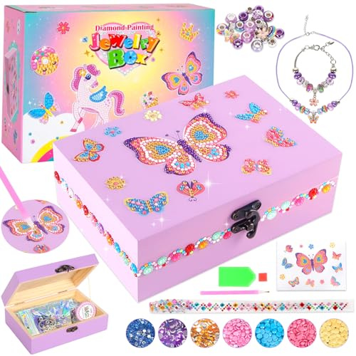 PinkSheep Holz DIY Schmuckkasten mit Halskette Armband, Edelstein Aufkleber, Piraten Schatzkiste für Malerei, Schatzkisten, Handwerk Set für Kinder Mädchen (Lila Schmetterling)