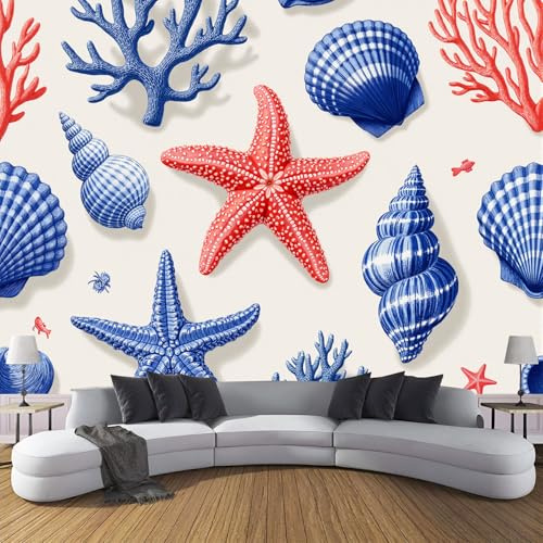 DACRWEKZ Papier Peint Soie Coquillages, coraux, étoiles de mer 200 x 140 cm Papier Peint Panoramique vie marine Tableaux Décoration Murale pour Salon, Chambre, Décor Fond TV - bleu et rouge
