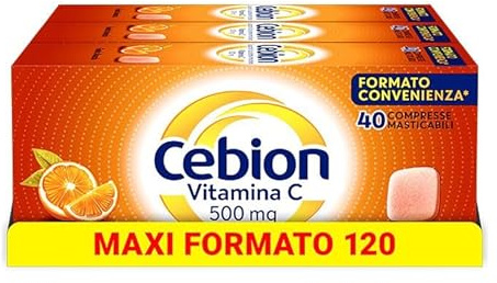 Cebion Vitamina C 500 mg Masticabile Arancia, Supporta il Sistema Immunitario e il Metabolismo Energetico, 120 Compresse, Integratore Alimentare
