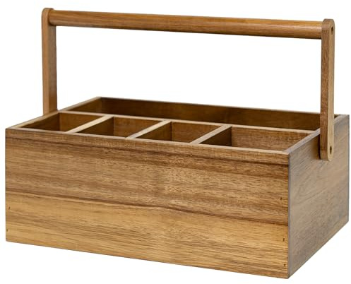 VaeFae Acacia Utensil Holder, Wooden Cutlery Caddy, 5 Compartments | Carry Handle, Sturdy Wood Construction, Multi-Purpose Organiser, Kitchen, Office, Bathroom & Bedroom Use, Easy to Clean