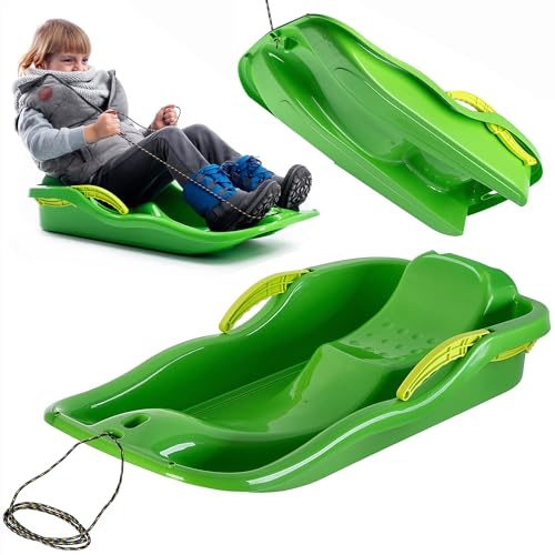 KADAX Kunststoffschlitten 85 x 40 x 18 cm, Bob Schlitten aus Kunststoff, Plastikschlitten mit Bremse für Kinder, Schneebob, Kinderschlitten aus Plastik, Rodelschlitten (Grün)