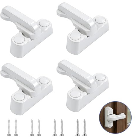 Lot de 4 Sash Jammer Serrure, Serrure de Fenêtre Alliage de Zinc Blanc, Serrure de Sécurité pour Fenêtre Battante et Porte PVC, Verrouillage 180°, Dispositif Antivol Maison, Poignee de Porte Interieur