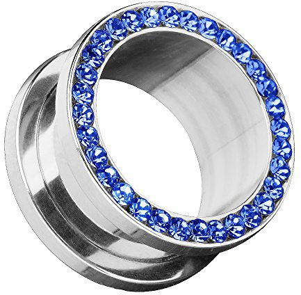 Piersando Flesh Tunnel Ohr Piercing Plug Ohrpiercing Schmuck Schraub aus Edelstahl Tribal mit Zirkonia Kristall Steinen Silber 12mm Blau