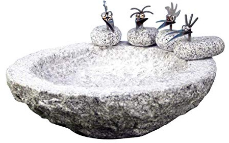 Gebrüder Lomprich Vogelbad aus Granit in Schalenform (mit 4 Vögele am Rand sitzend)