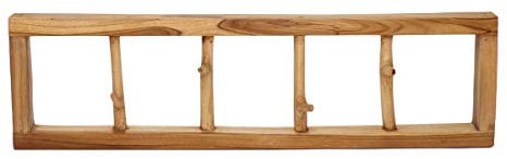 Brillibrum Design Garderobe aus Teakholz Äste mit Haken 4 Wandhaken Recyclingholz Kleiderhaken Teakholz Hängegarderobenleiste 80cm Länge (4 Haken)
