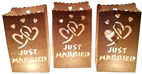 10 Stück Papier Lichttüten Hochzeit Lichtertüten Just Married für Teelichter Kerzen Laternen weiß Windlicht Kerzenhalter Kerzentüten Hochzeitsdekoration