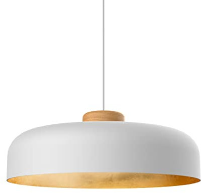 L+ Moderne Pendelleuchte aus Metall mit Holzdetails handgefertigt Küche Wohnzimmer Schlafzimmer Ø40cm E27 (weiß/gold)