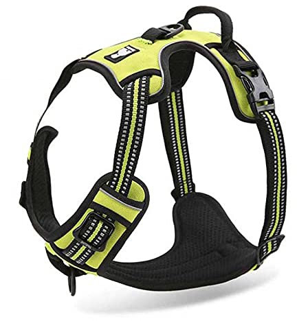 Reflektierendes Nylon großes Haustier Hundegeschirr rund die Uhr Service Hund Clip Verdickte Verstellbare Sicherheit Auto Leine Leder Haustier L69-81cm Brust Neon Hellgelb