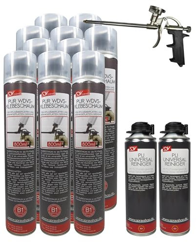 SDV Chemie PUR WDVS Klebeschaum B1 SET 10x 800ml + 2x PU Reiniger 500ml + 1x PU-Schaum-Dosierpistole
